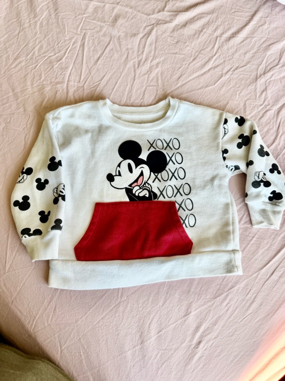 Disney White Kids Sweatshirt with Black Mickey Print and Red Pocket